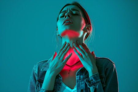 A young girl has a sore throat. Thyroid problemsの素材