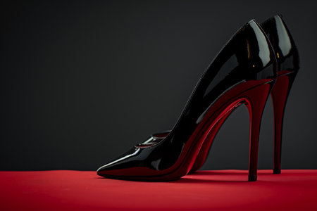 Black fetish shiny patent leather stiletto high heels with ankle strap - imageの素材