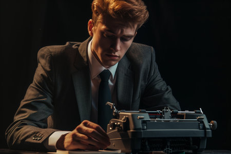 writer, a man in a black jacket typing on typewriter on a black backgroundの素材