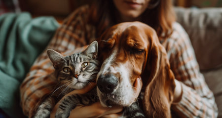 A woman petting her dog and cat while sitting on the sofa at home, focusing on hands touching the head of a basset hound dog and a gray tabby short hair housecat with brown earsの素材