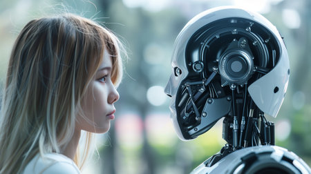 artificial intelligence interacts with humans. --ar 16:9 Job ID: 1c83bca7-ded9-456d-a5b8-0d5cb3a66eabの素材