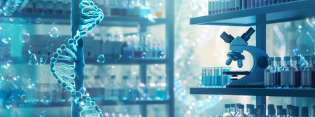 Artistic rendering of DNA double helix and microscope in laboratory setting, with shelves filled with test tubes and science equipment. Blue color theme for medical research or AI technology concept.の写真素材