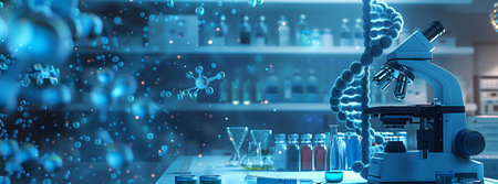 Artistic rendering of DNA double helix and microscope in laboratory setting, with shelves filled with test tubes and science equipment. Blue color theme for medical research or AI technology concept.の素材