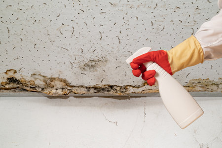 Human found mold on wall, in your residential building after renovation. a hand in a bathrobe and a protective glove holds a spray gun with an anti-mold agent. big mold on the wallの写真素材