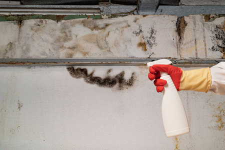 mold on wall, in your residential building after renovation. a hand in a bathrobe and a protective glove holds a spray gun with an anti-mold agent. big mold on the wallの写真素材