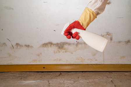 Person found mold on wall, in residential building after renovation. a hand in a bathrobe and a protective glove holds a spray gun with an anti-mold agent. big mold on the wallの写真素材