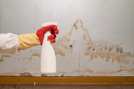 Human found mold on wall, in your residential building after renovation. a hand in a bathrobe and a protective glove holds a spray gun with an anti-mold agent. big mold on the wallの写真素材