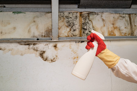 Human found mold on wall, in your residential building after renovation. a hand in a bathrobe and a protective glove holds a spray gun with an anti-mold agent. big mold on the wallの写真素材