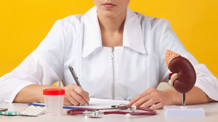 Doctor showing pen on plastic model human kidney closeupの写真素材