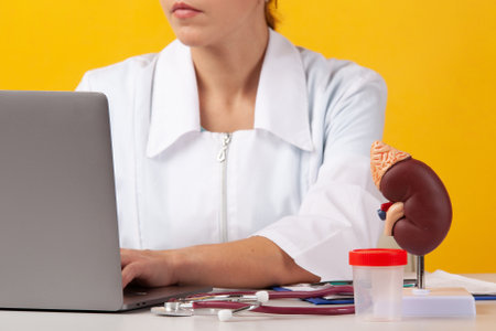Doctor showing pen on plastic model human kidney closeupの写真素材