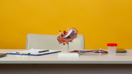 doctor pointing at thyroid anatomical model in his officeの写真素材