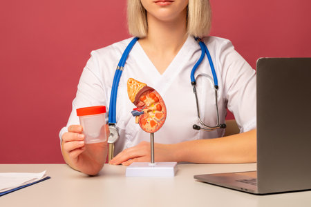 woman doctor hand hold test tube sits in her office with anatomical model kidney on deskの写真素材