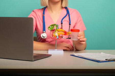 woman doctor hand hold test tube sits in her office with anatomical model pancreas on deskの写真素材