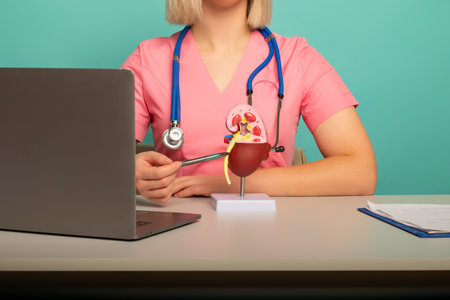 doctor nephrologist pointing at anatomical model human kidney on his desktopの写真素材