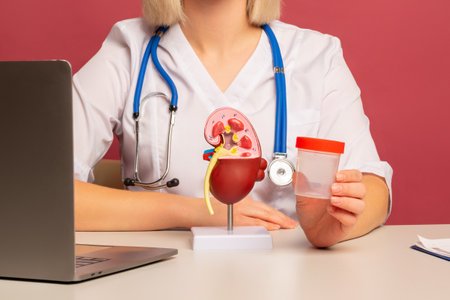 woman doctor hand hold test tube sits in her office with anatomical model kidney on deskの写真素材