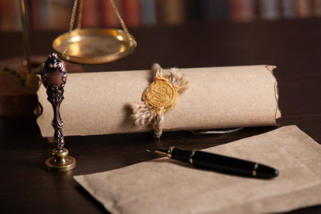 Vintage stamp, envelope and testament. Notary public tools