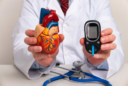 Doctor showing Anatomical model heart and glucometer in office hospital