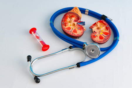 Healthcare and medical concept human kidney and hourglassの写真素材