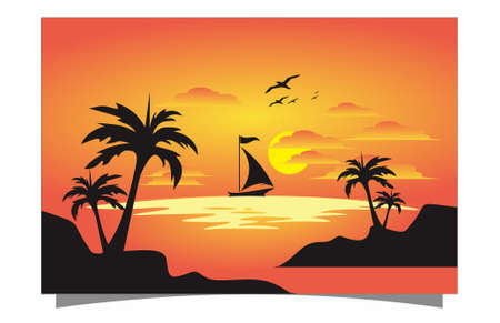 orange background with boat and sunsetのイラスト素材