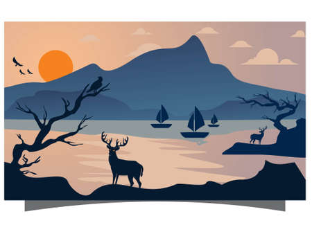 scenic flat background with mountains and deerのイラスト素材