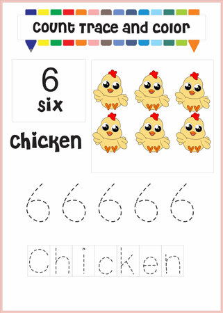 number trace and color chicken number 6のイラスト素材