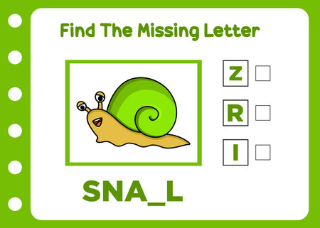 find missing letter cute snail. kids worksheetのイラスト素材