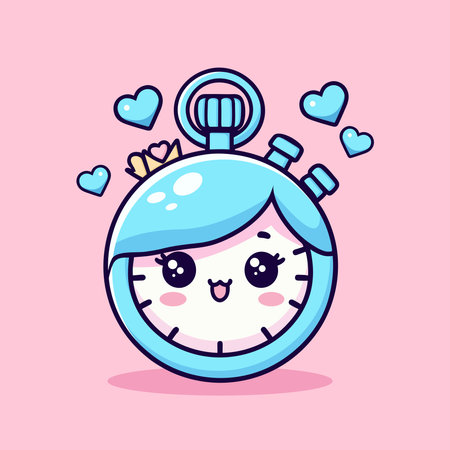Cute cartoon stopwatch with hearts on pink background. Vector illustration.のイラスト素材