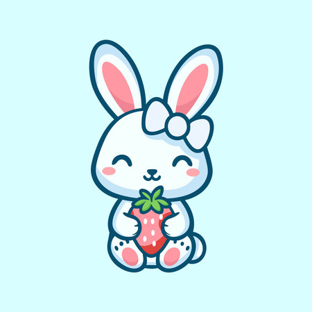 Cute little bunny with strawberry. Vector illustration in flat style.のイラスト素材