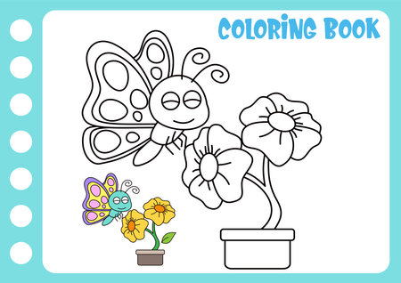 Coloring book for children: Butterfly and flower in pot (vector)のイラスト素材
