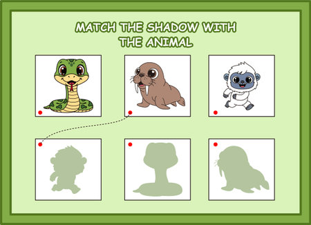 match the shadow with the animal kids worksheet.snake, walrus, yetiのイラスト素材
