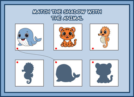 match the shadow with the animal kids worksheet. whale, tiger, seahorseのイラスト素材