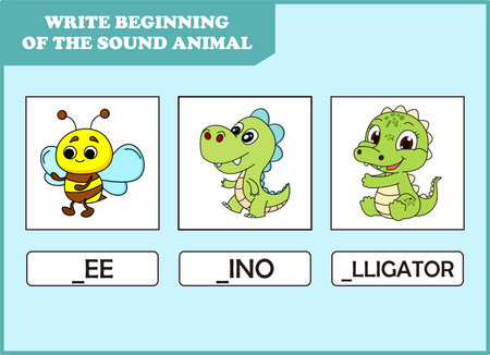write the beginning of sound animal.bee, dino, alligatorのイラスト素材