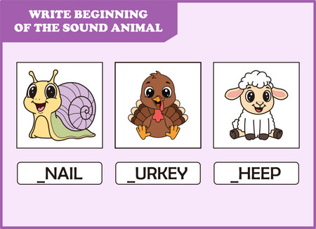 write the beginning of sound animal. cute cute turkey , snail, sheepのイラスト素材