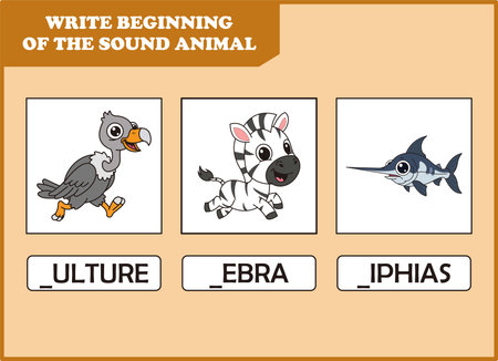 write the beginning of sound animal. vulture, zebra,のイラスト素材