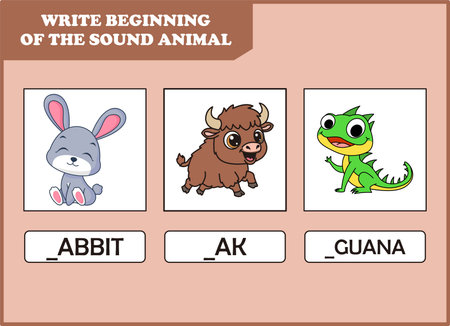 write the beginning of sound animal. cute rabbit, yak, iguanaのイラスト素材