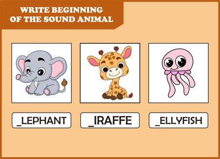 write the beginning of sound animal.giraffe, elephant, jellyfishのイラスト素材
