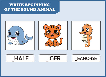 write the beginning of sound animal. whale, tiger, seahorseのイラスト素材