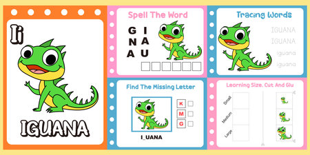worksheets pack for kids a cute iguana vector.のイラスト素材