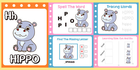 worksheets pack for kids a cute little hippo vector.のイラスト素材