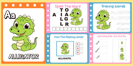 worksheets pack for kids a cute alligator vector.のイラスト素材