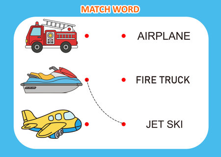 cute animal and transport picture match the word . airplane, fire truck, jet skiのイラスト素材