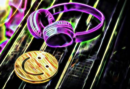 Fine music for perfect mood. Wireless headphones of purple color lie on a dark wooden bench. A wooden smile. The concept of love for music. No body.の写真素材