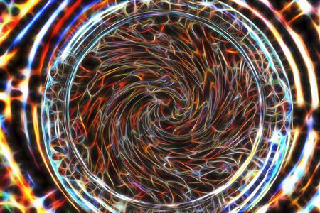 Abstract space background of geometric light colored lines in the shape of a circle and neon flashes of lightの写真素材
