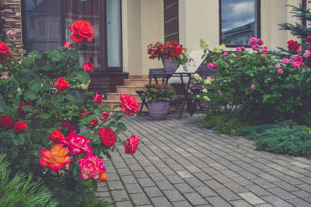 Flowers in vases at the entrance to a country house, town house. Entrance door with stairs decorated with blooming flowers in Italian styleの写真素材