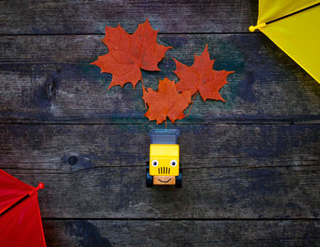 The toy car truck brought back autumn maple leaves. Top view on a wooden background. Autumn and childhood concept. Octoberの写真素材