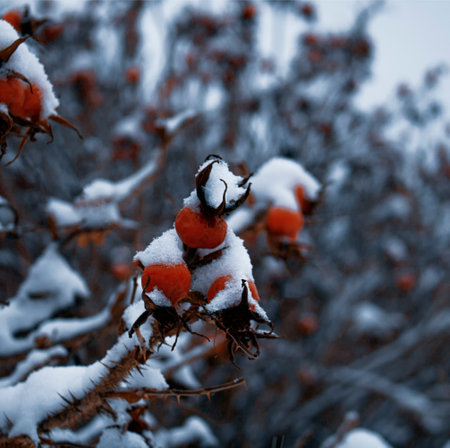 Winter macro landscape. Rosehip berry with snow at shallow depth of field, selective focus. Abstract natural background. Beautiful pattern with neutral colors. Minimal, stylish, trend concept.の写真素材