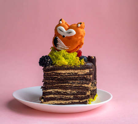 Close-up of a piece of multilayer cake with mousse with cookies decoration in the form of an owl in a clearing of berries and cream for a childrens birthdayの写真素材
