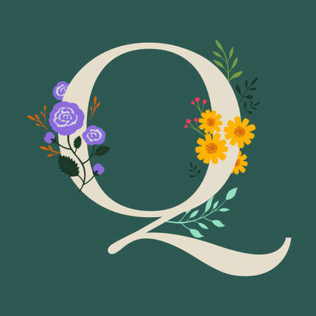 Whimsical floral botanical monogram alphabet-capital Q vector elements with deep green backgroundのイラスト素材