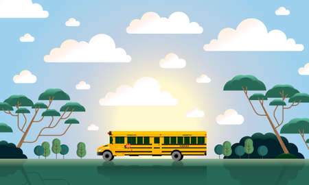 back to school, bus in the sunlight illustration with clouds and forest, cartoon, go to school,...
