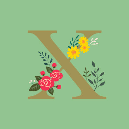 Whimsical floral botanical monogram alphabet-capital x vector elements with mint green background and gold color typeのイラスト素材